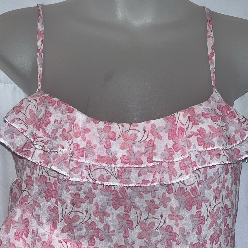 PrettyLittleThing Pink Floral Chiffon Maxi Dress | Size 2 | Sheer Frill Detail - Picture 7 of 9